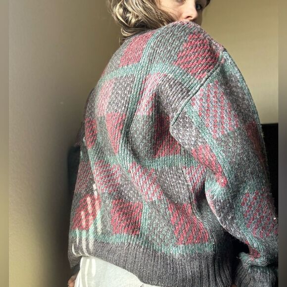 Vintage Chunky Wool Knit‎ Grandpa Sweater Sz L Made in Italy Plaid Print Boxy - Picture 5 of 7